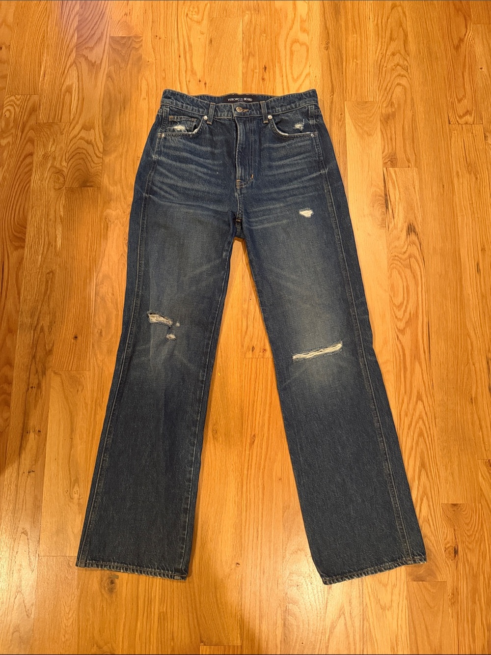 Veronica Beard “Dylan” Distressed Straight Leg Dark Wash Jeans